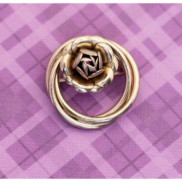 Vintage Art Nouveau Rose Floral Ring Gold Tone Brooch - V1 - Picture 1 of 2